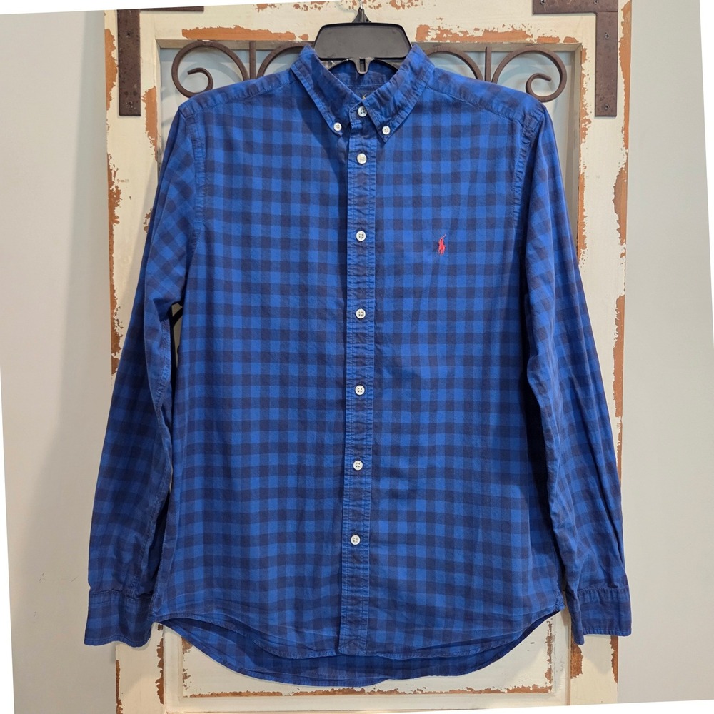 Polo Ralph Lauren Boys XL 18-20 Blue Gingham Check Button Down Shirt Cotton